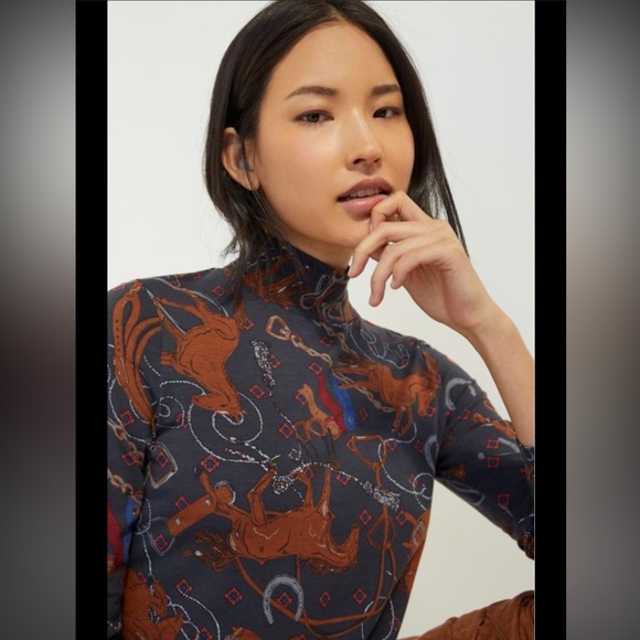 Anthropologie Equine Print Mock Neck Adventurer Top - Picture 1 of 7